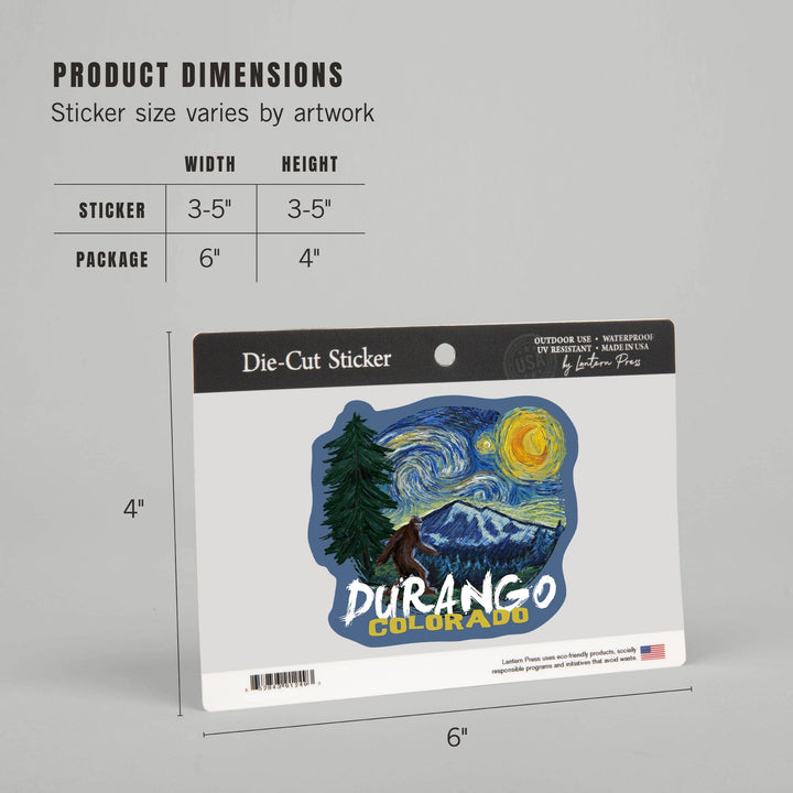 Durango, Colorado, Bigfoot, Starry Night, Contour, Lantern Press Artwork, Vinyl Sticker - Lantern Press