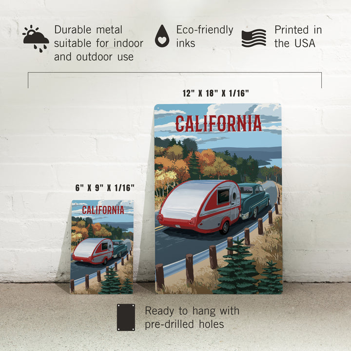 California, Painterly, Retro Camper on Road, Metal Signs