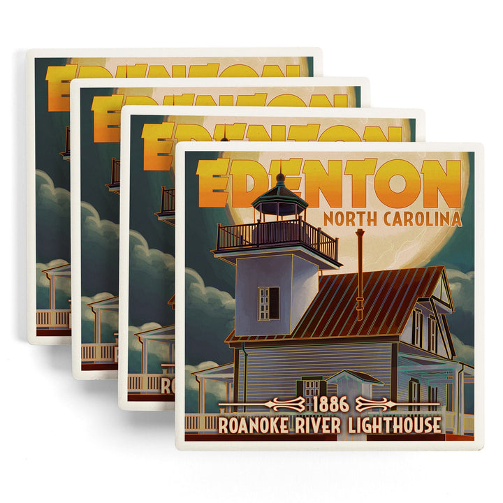 Edenton, North Carolina, Lighthouse and Moon, Roanoke River Lighthouse, Coasters Coasters Lantern Press