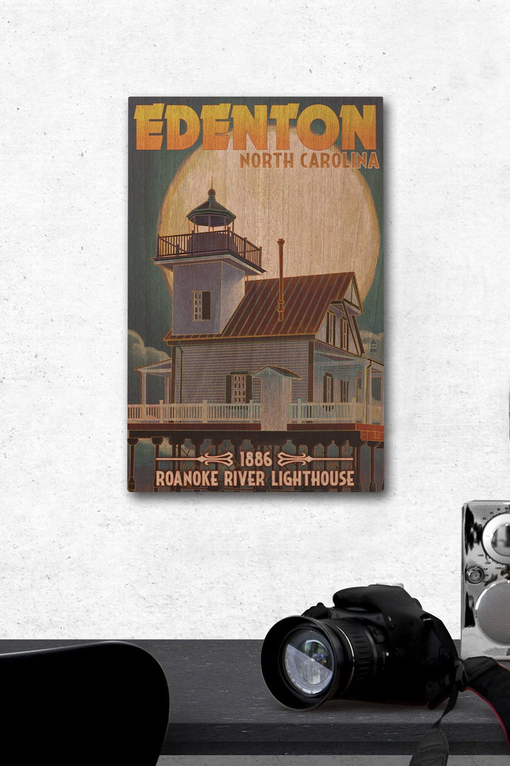 Edenton, North Carolina, Lighthouse and Moon, Roanoke River Lighthouse, Lantern Press Artwork, Wood Signs and Postcards - Lantern Press