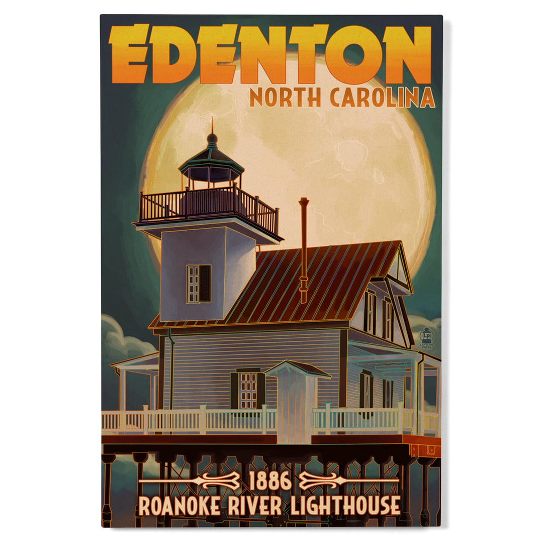Edenton, North Carolina, Lighthouse and Moon, Roanoke River Lighthouse, Lantern Press Artwork, Wood Signs and Postcards - Lantern Press