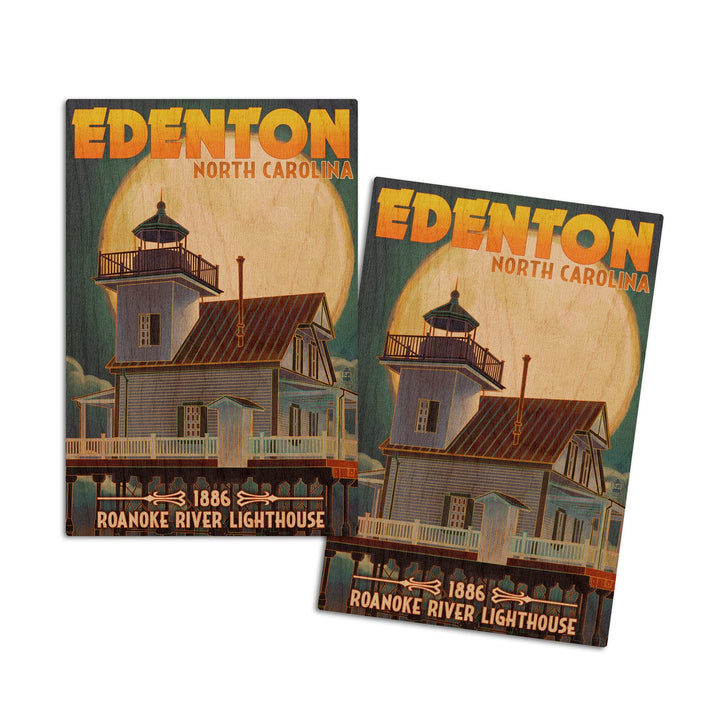 Edenton, North Carolina, Lighthouse and Moon, Roanoke River Lighthouse, Lantern Press Artwork, Wood Signs and Postcards - Lantern Press