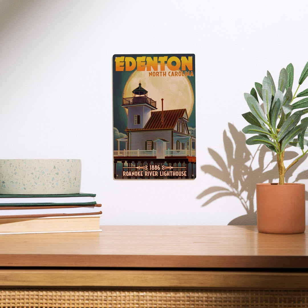 Edenton, North Carolina, Lighthouse and Moon, Roanoke River Lighthouse, Lantern Press Artwork, Wood Signs and Postcards - Lantern Press