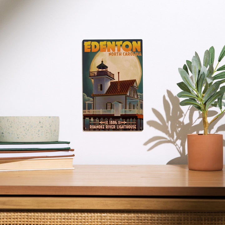 Edenton, North Carolina, Lighthouse and Moon, Roanoke River Lighthouse, Lantern Press Artwork, Wood Signs and Postcards - Lantern Press