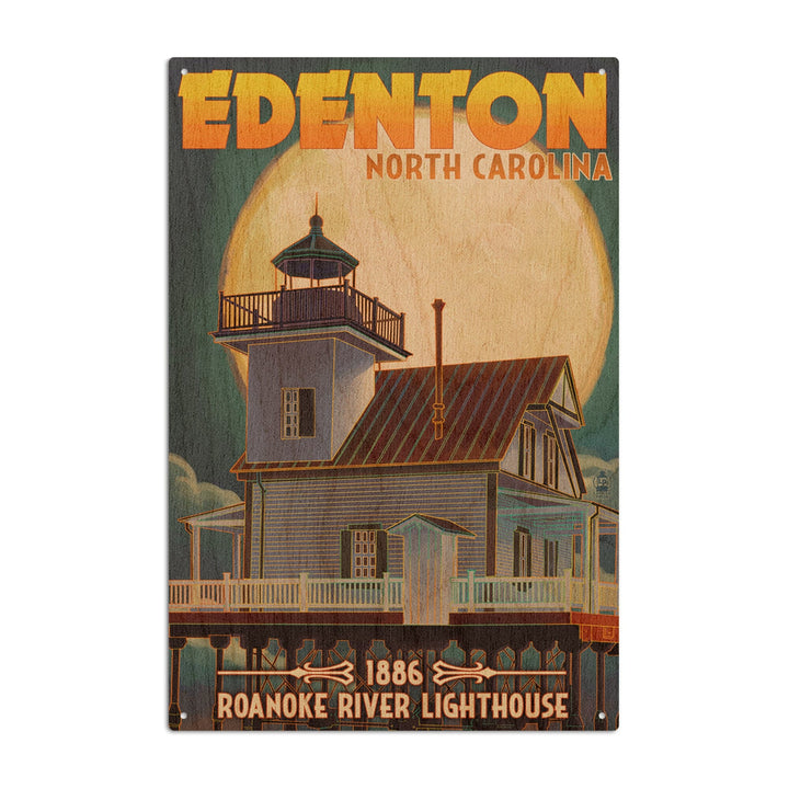 Edenton, North Carolina, Lighthouse and Moon, Roanoke River Lighthouse, Lantern Press Artwork, Wood Signs and Postcards - Lantern Press