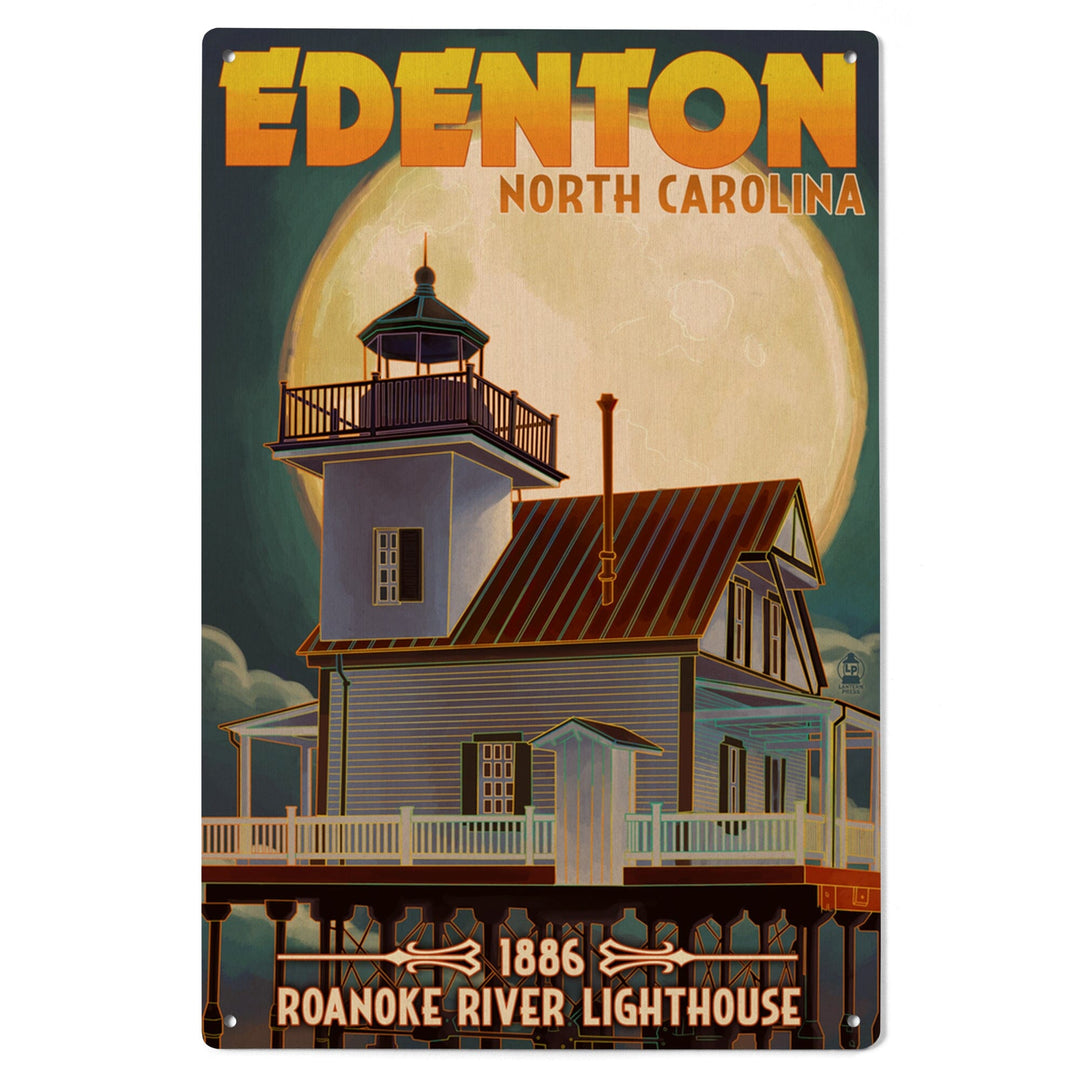 Edenton, North Carolina, Lighthouse and Moon, Roanoke River Lighthouse, Lantern Press Artwork, Wood Signs and Postcards - Lantern Press