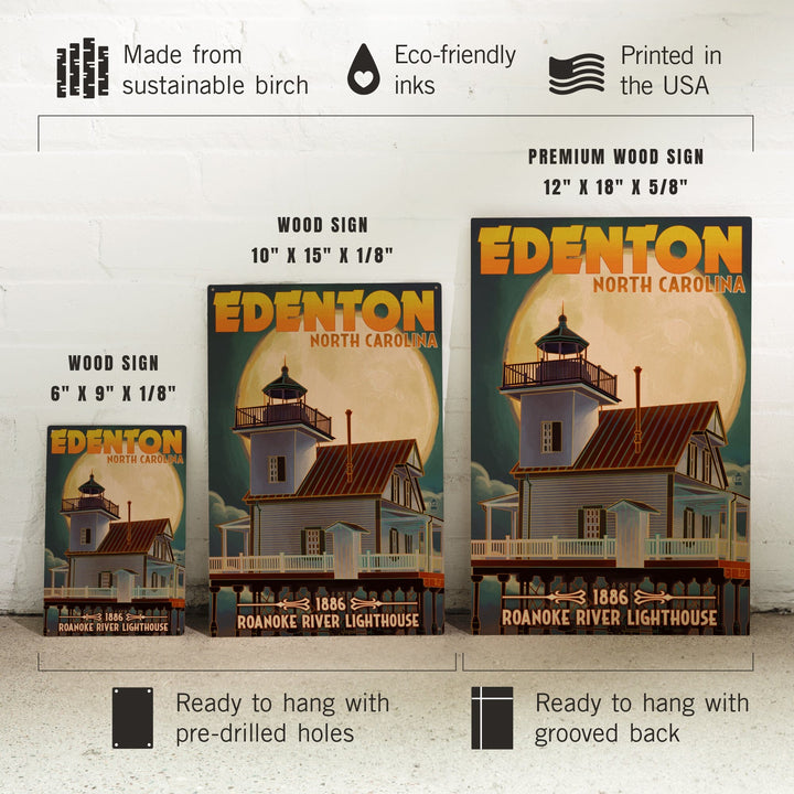 Edenton, North Carolina, Lighthouse and Moon, Roanoke River Lighthouse, Lantern Press Artwork, Wood Signs and Postcards - Lantern Press