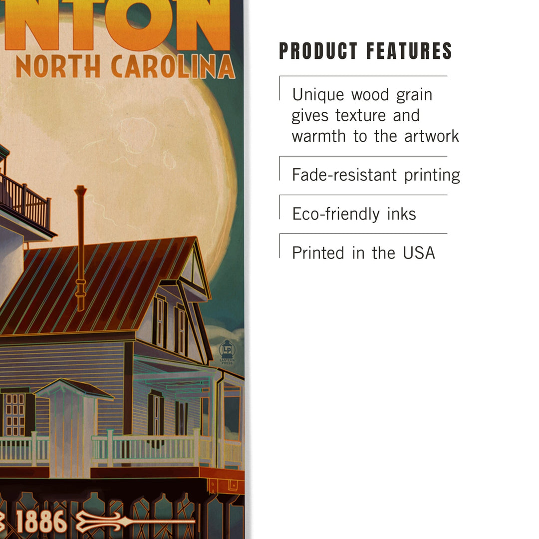 Edenton, North Carolina, Lighthouse and Moon, Roanoke River Lighthouse, Lantern Press Artwork, Wood Signs and Postcards - Lantern Press
