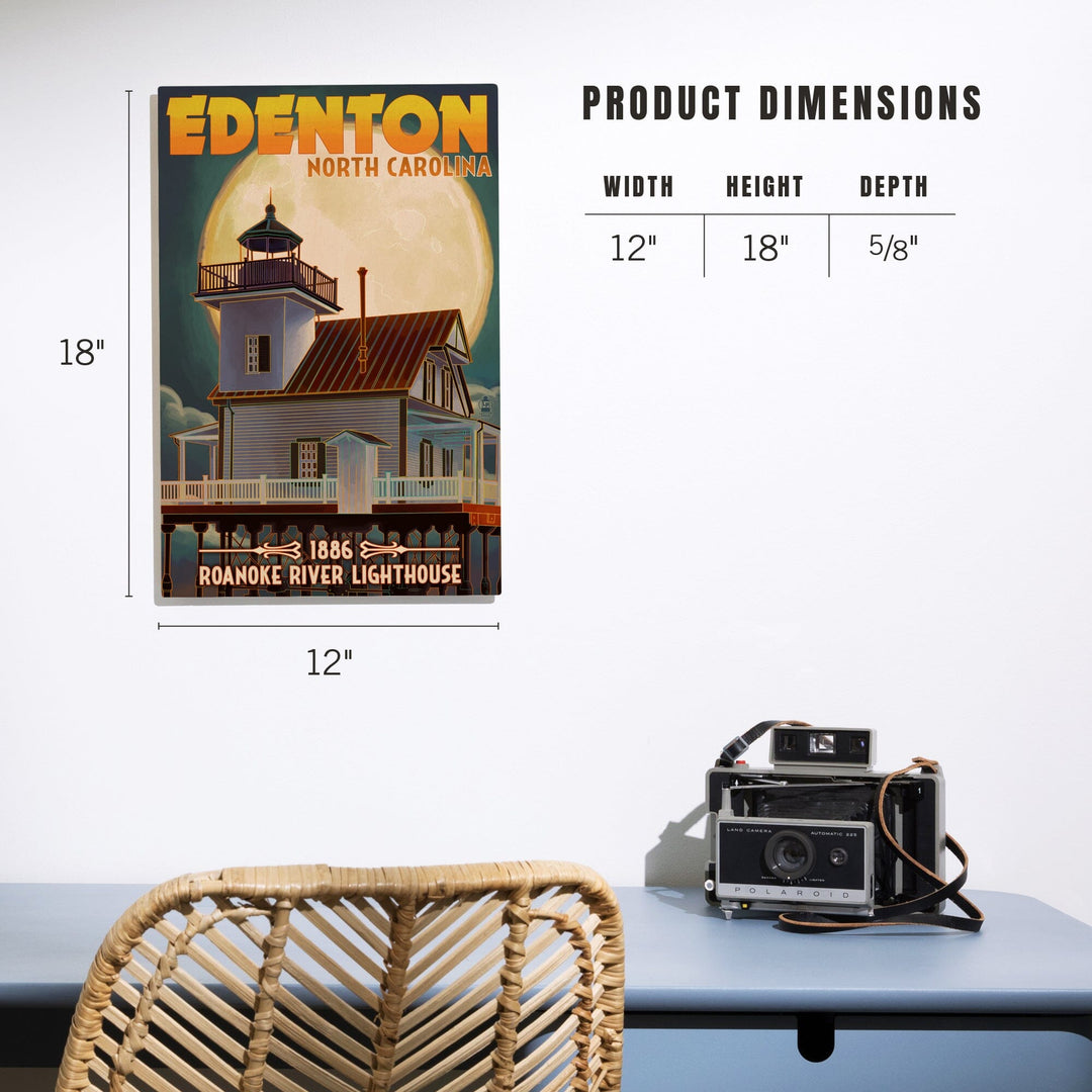 Edenton, North Carolina, Lighthouse and Moon, Roanoke River Lighthouse, Lantern Press Artwork, Wood Signs and Postcards - Lantern Press