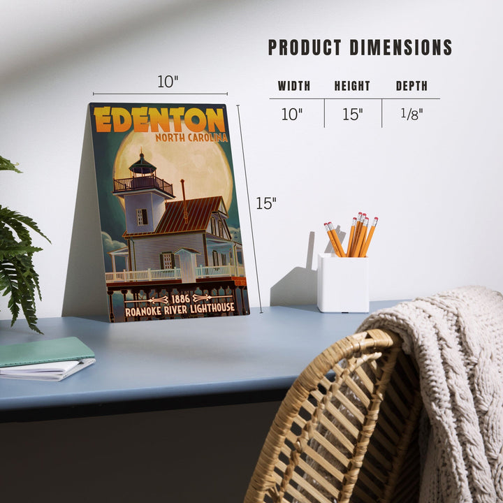 Edenton, North Carolina, Lighthouse and Moon, Roanoke River Lighthouse, Lantern Press Artwork, Wood Signs and Postcards - Lantern Press