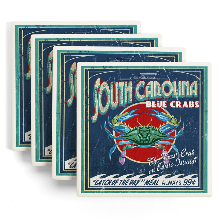 Edisto Beach, South Carolina, Blue Crabs Vintage Sign, Coasters Coasters Lantern Press