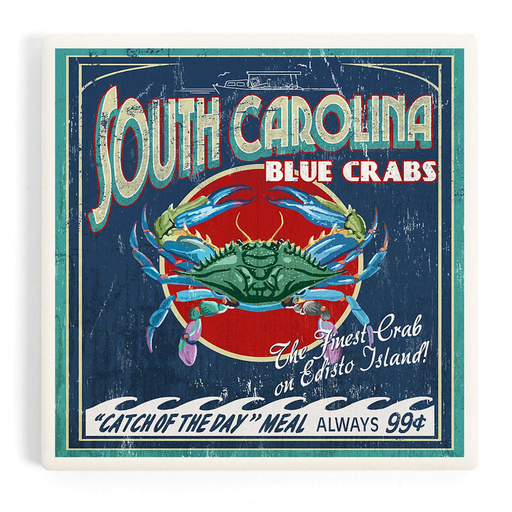 Edisto Beach, South Carolina, Blue Crabs Vintage Sign, Coasters Coasters Lantern Press Coaster