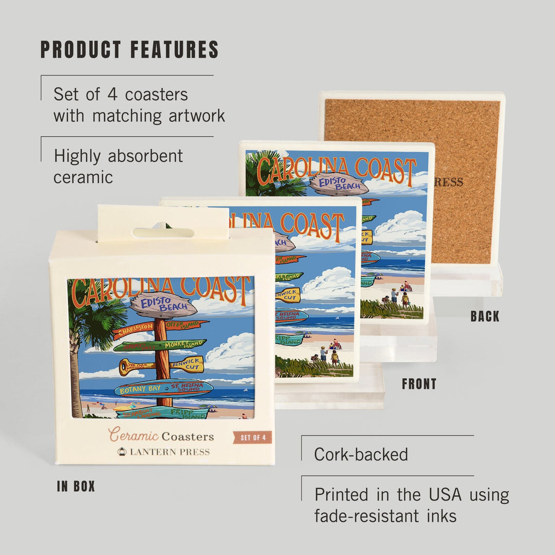 Edisto Beach, South Carolina, Destinations Sign, Coasters Coasters Lantern Press