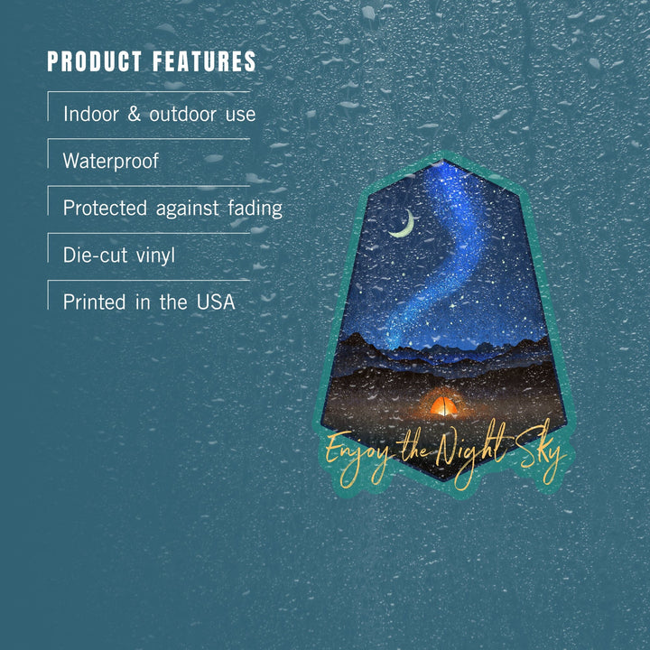 Enjoy the Night Sky, Tent & Night Sky, Mid-Century Style, Contour, Lantern Press Artwork, Vinyl Sticker - Lantern Press