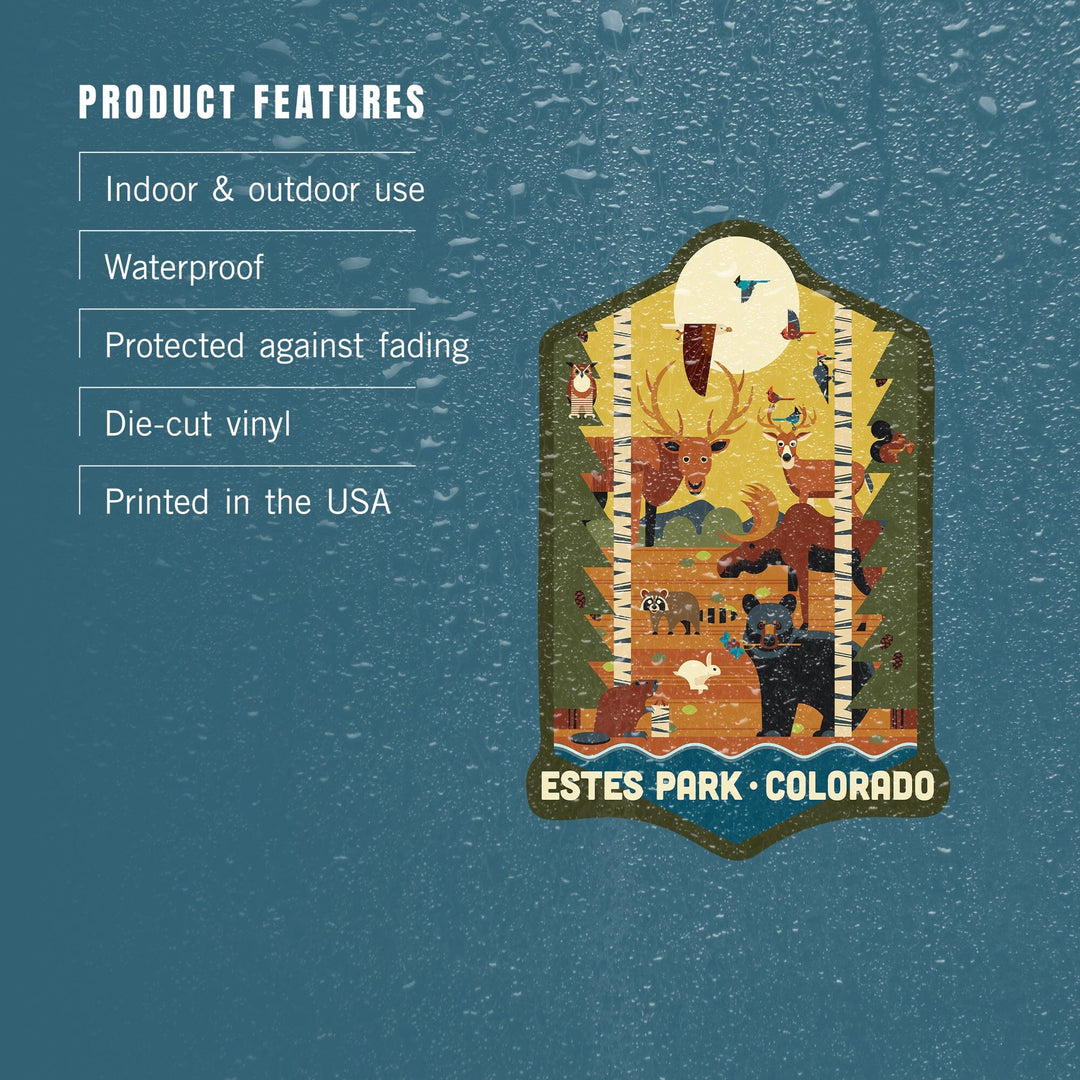 Estes Park, Colorado, Forest Animals and Pine Trees, Geometric, Contour, Vinyl Sticker Sticker Lantern Press