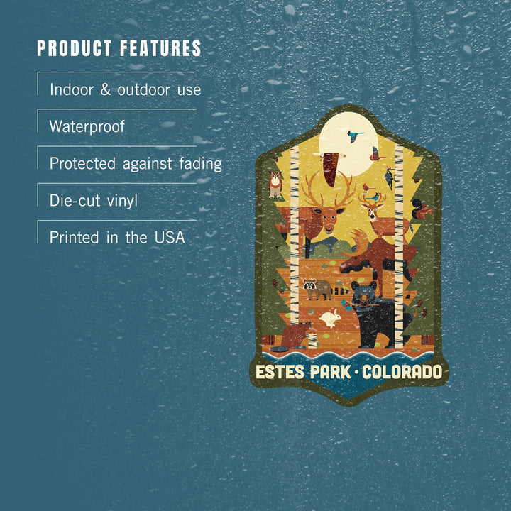 Estes Park, Colorado, Forest Animals and Pine Trees, Geometric, Contour, Vinyl Sticker Sticker Lantern Press