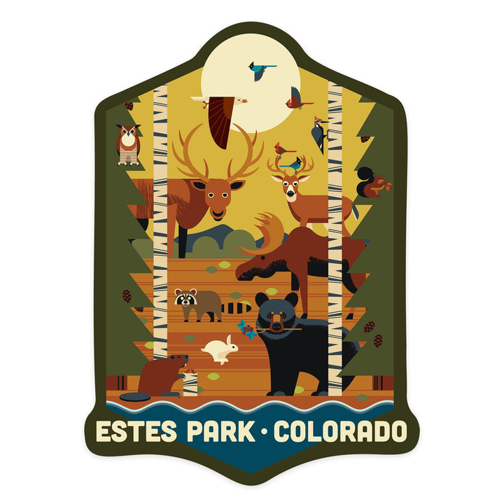 Estes Park, Colorado, Forest Animals and Pine Trees, Geometric, Contour, Vinyl Sticker Sticker Lantern Press