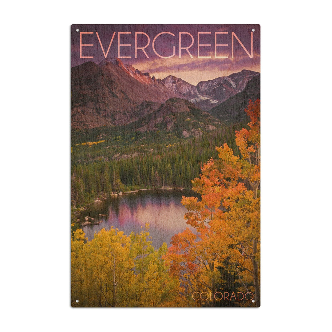 Evergreen, Colorado, Rocky Mountain National Park, Purple Sunset & Lake, Photography, Wood Signs and Postcards - Lantern Press