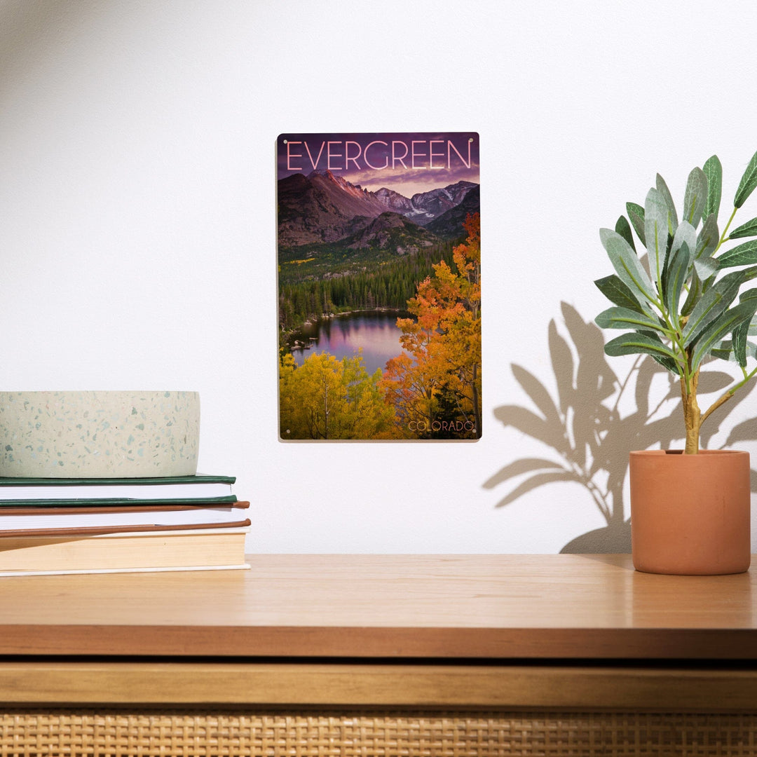 Evergreen, Colorado, Rocky Mountain National Park, Purple Sunset & Lake, Photography, Wood Signs and Postcards - Lantern Press