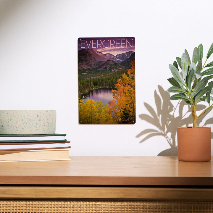 Evergreen, Colorado, Rocky Mountain National Park, Purple Sunset & Lake, Photography, Wood Signs and Postcards - Lantern Press