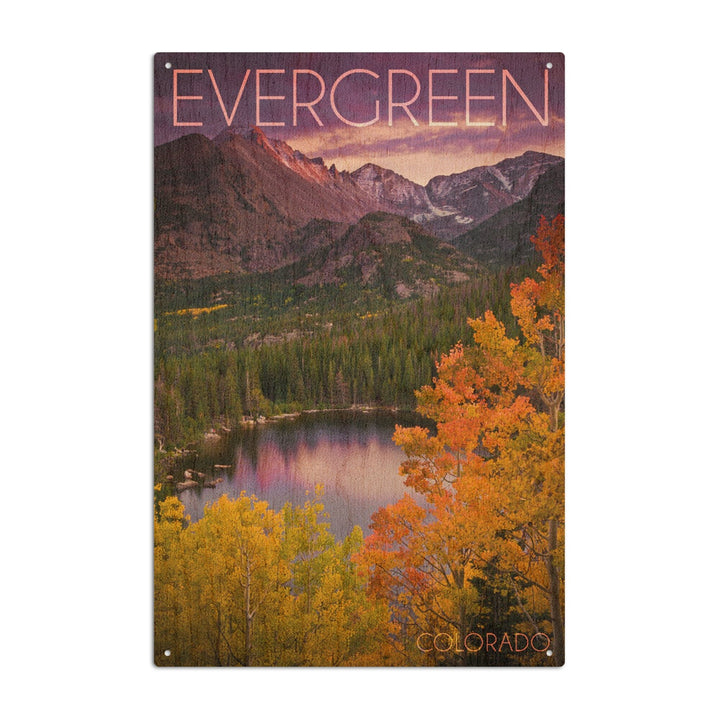Evergreen, Colorado, Rocky Mountain National Park, Purple Sunset & Lake, Photography, Wood Signs and Postcards - Lantern Press