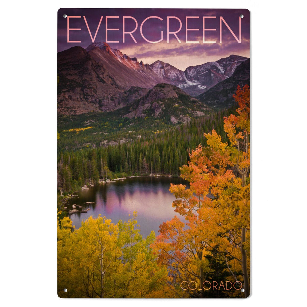 Evergreen, Colorado, Rocky Mountain National Park, Purple Sunset & Lake, Photography, Wood Signs and Postcards - Lantern Press