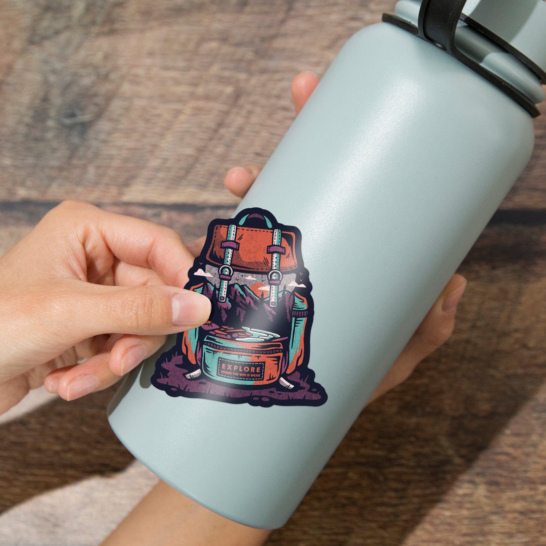 Explore Where the Wifi is Weak, Backpack, Distressed Vector, Lantern Press Artwork, Vinyl Sticker - Lantern Press