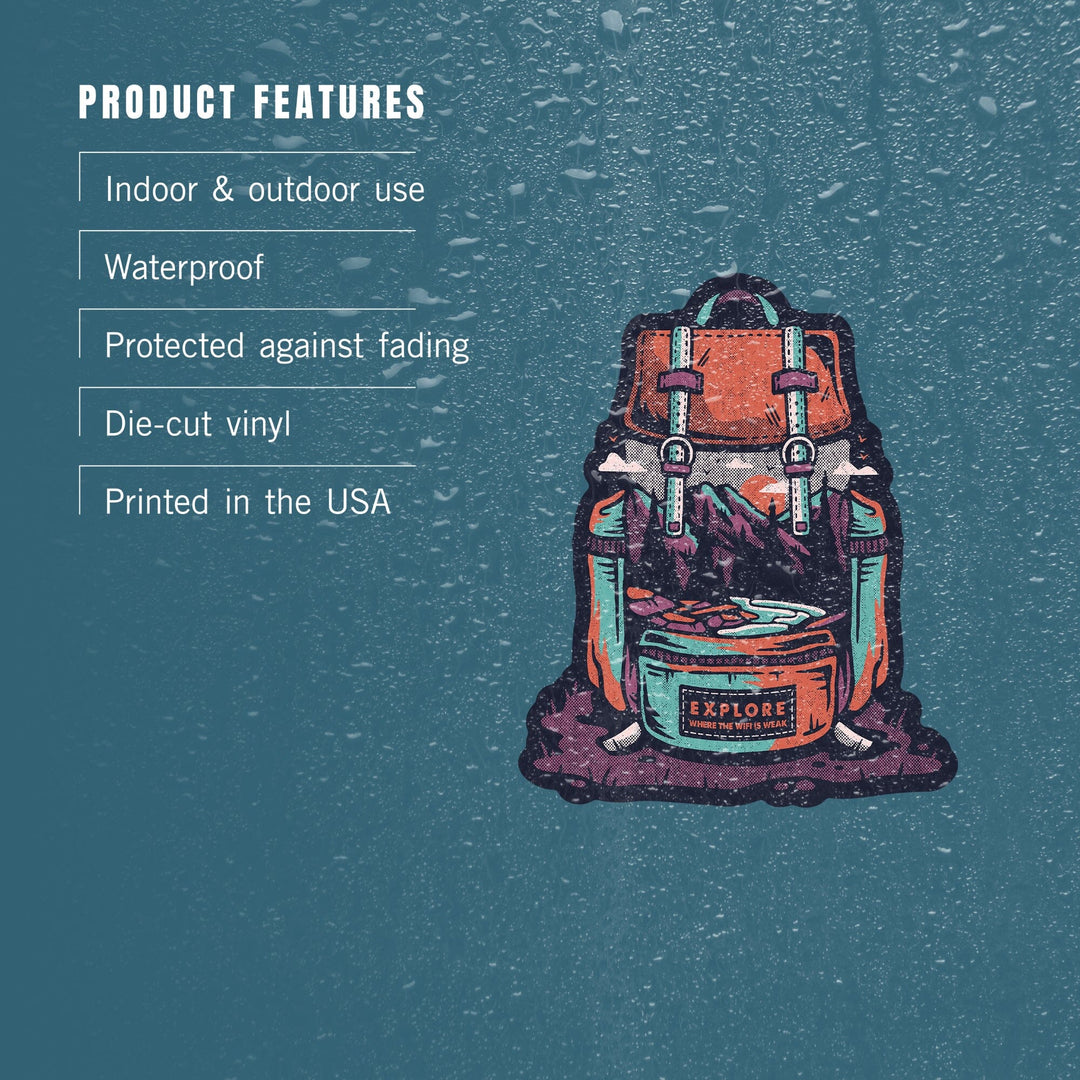 Explore Where the Wifi is Weak, Backpack, Distressed Vector, Lantern Press Artwork, Vinyl Sticker - Lantern Press