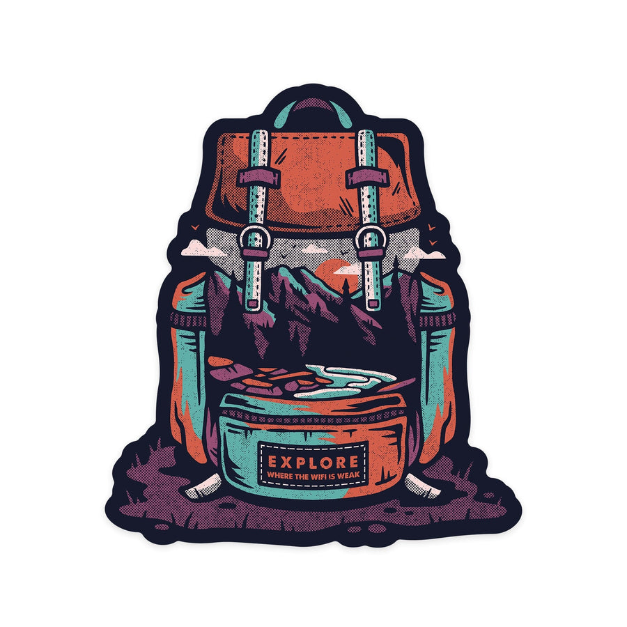 Explore Where the Wifi is Weak, Backpack, Distressed Vector, Lantern Press Artwork, Vinyl Sticker - Lantern Press