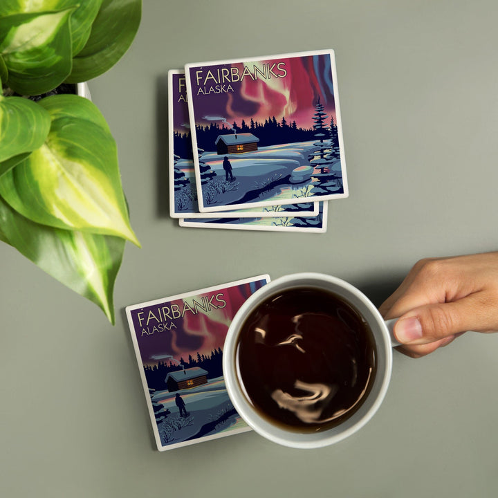 Fairbanks, Alaska, Northern Lights and Cabin, Coasters Coasters Lantern Press