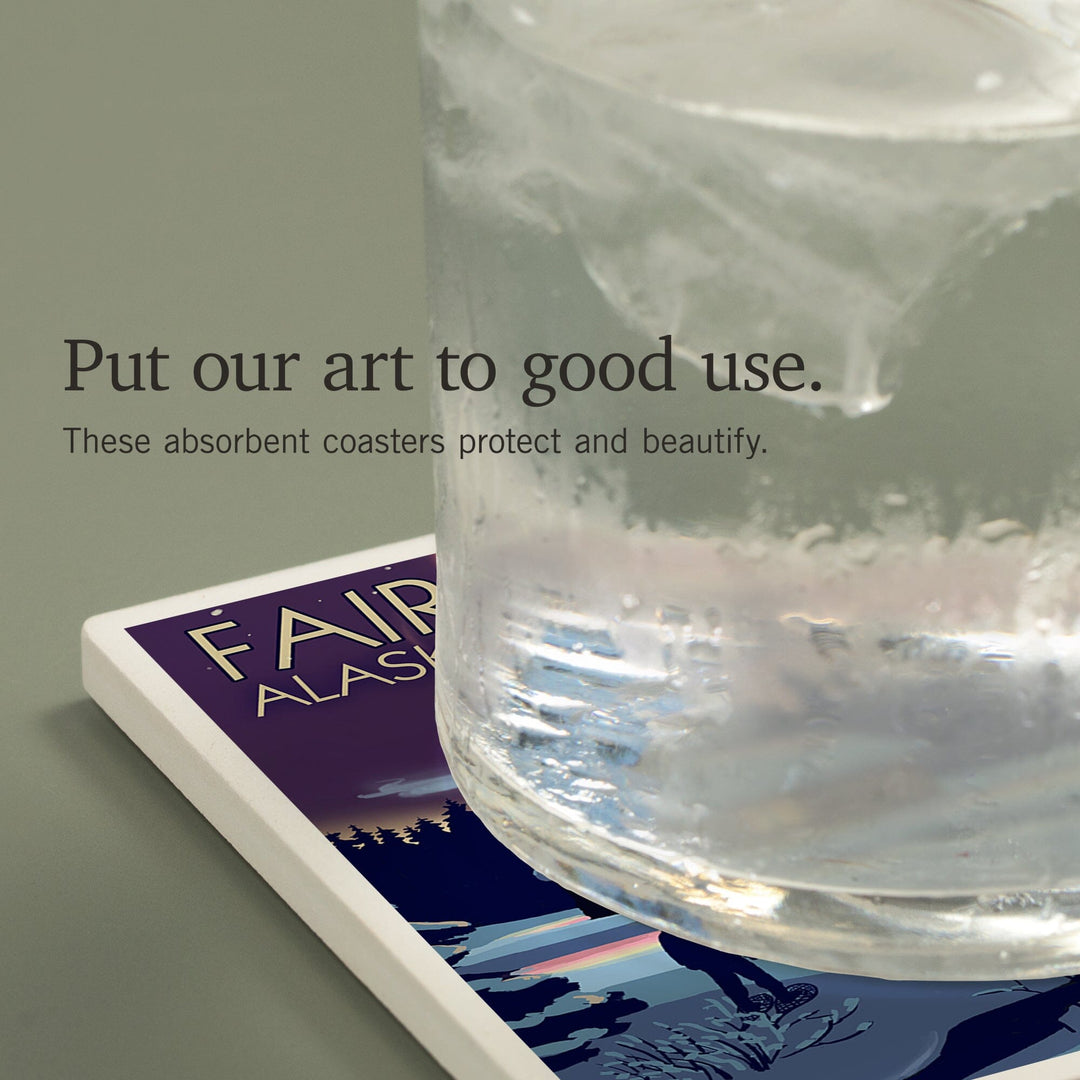 Fairbanks, Alaska, Northern Lights and Cabin, Coasters Coasters Lantern Press