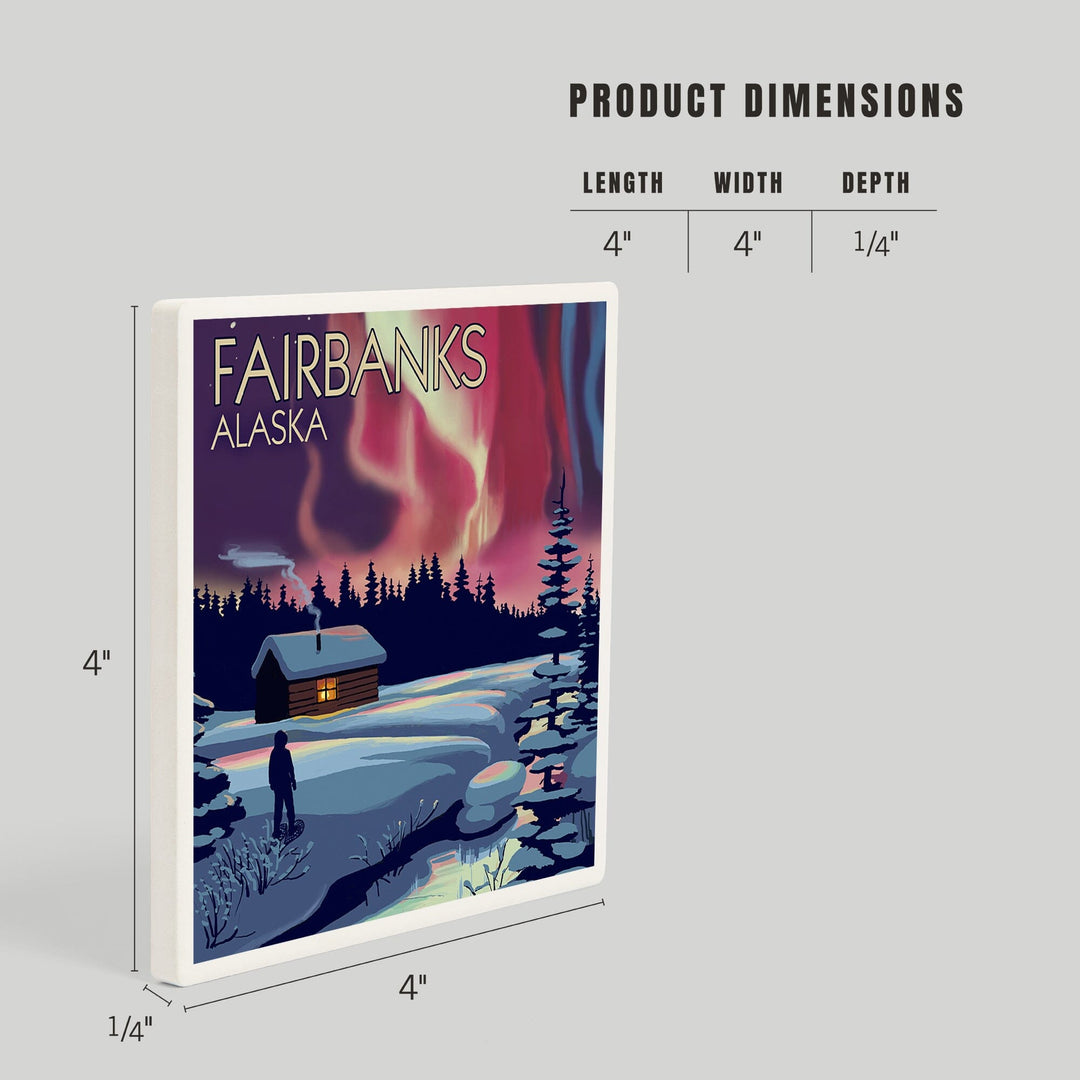 Fairbanks, Alaska, Northern Lights and Cabin, Coasters Coasters Lantern Press