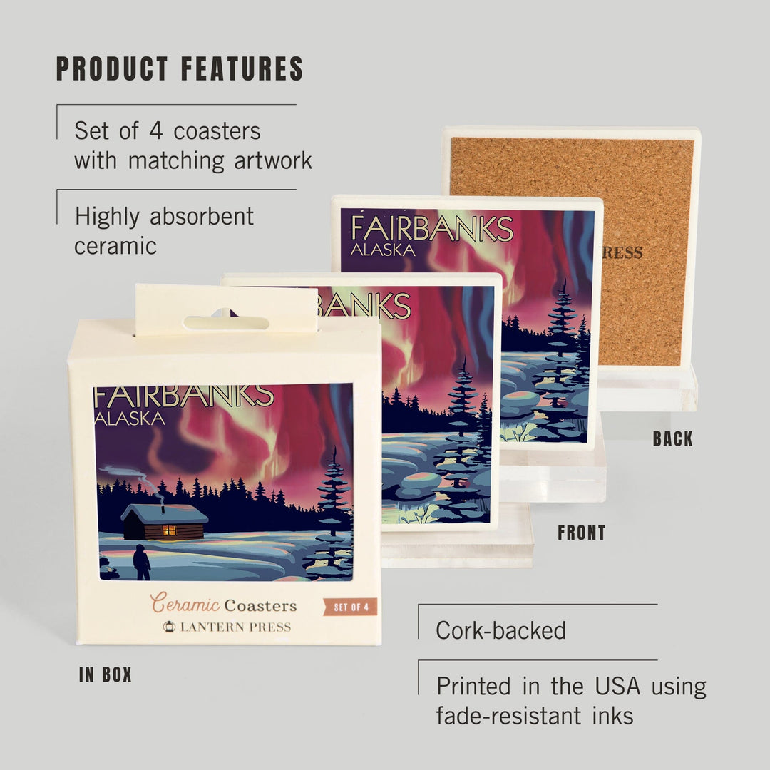 Fairbanks, Alaska, Northern Lights and Cabin, Coasters Coasters Lantern Press