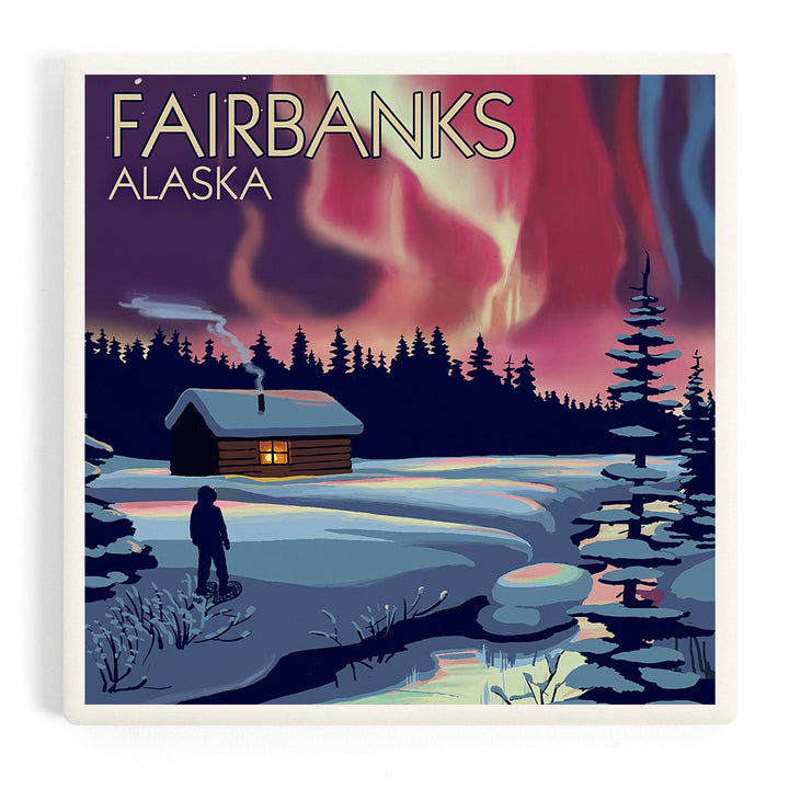 Fairbanks, Alaska, Northern Lights and Cabin, Coasters Coasters Lantern Press Coaster