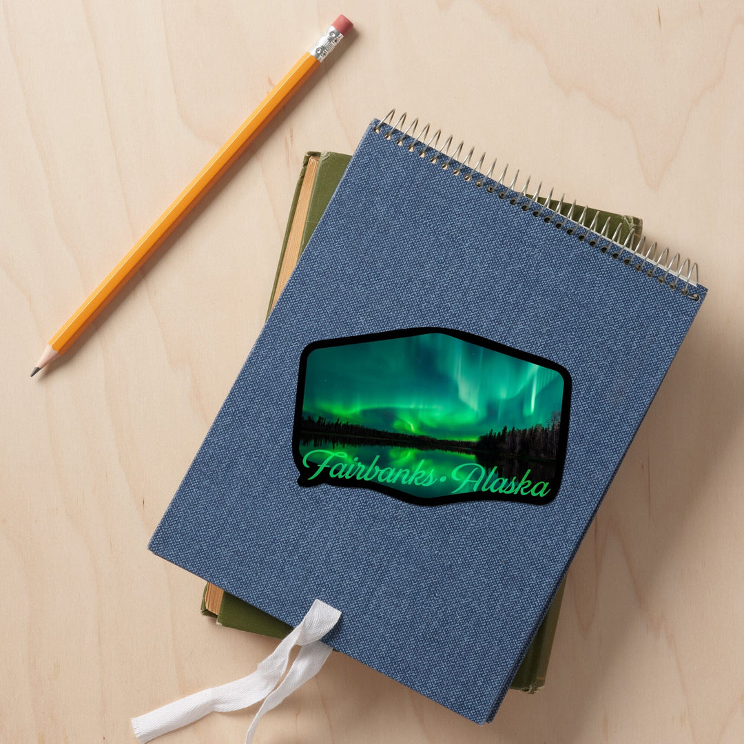 Fairbanks, Alaska, Northern Lights over Lake, Contour, Vinyl Sticker Sticker Lantern Press