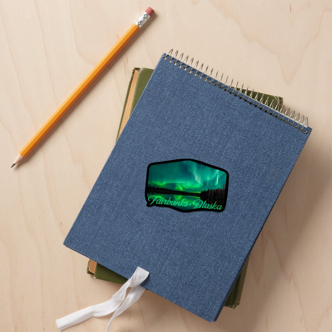 Fairbanks, Alaska, Northern Lights over Lake, Contour, Vinyl Sticker Sticker Lantern Press