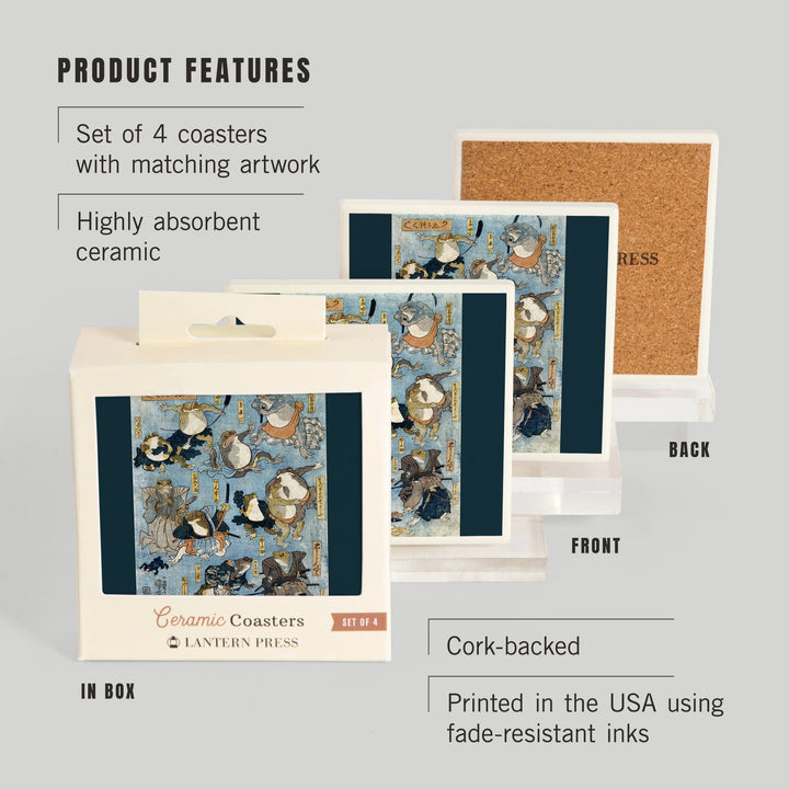 Famous Heroes of the Kabuki Stage Played by Frogs, Japanese Wood-Cut, Coasters Coasters Lantern Press