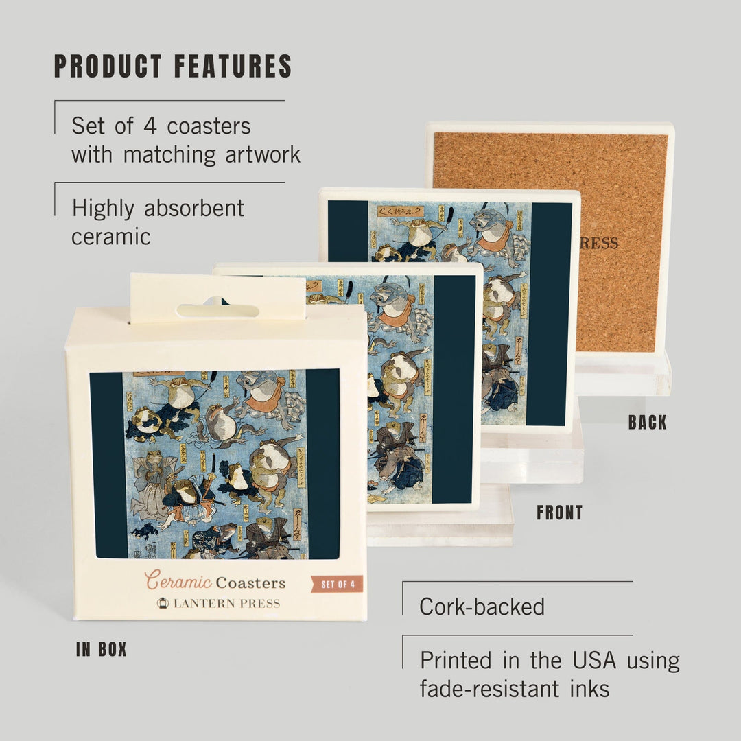 Famous Heroes of the Kabuki Stage Played by Frogs, Japanese Wood-Cut, Coasters Coasters Lantern Press