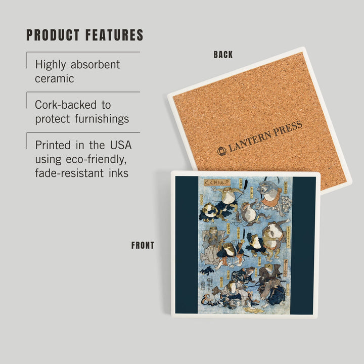 Famous Heroes of the Kabuki Stage Played by Frogs, Japanese Wood-Cut, Coasters Coasters Lantern Press