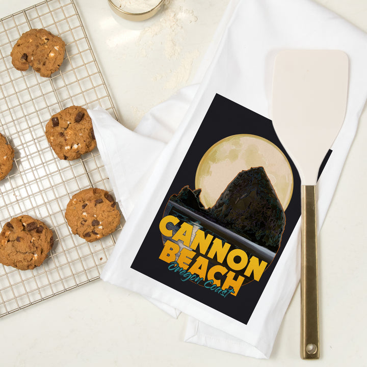 Cannon Beach, Oregon, Haystack Rock and Full Moon, Contour, Organic Cotton Kitchen Tea Towels