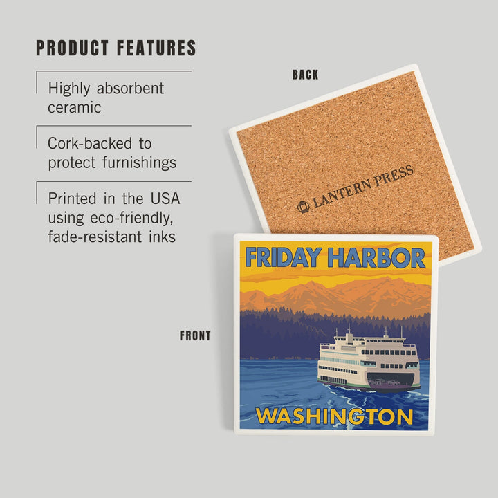 Ferry and Mountains, Friday Harbor, Washington, Coasters Coasters Lantern Press