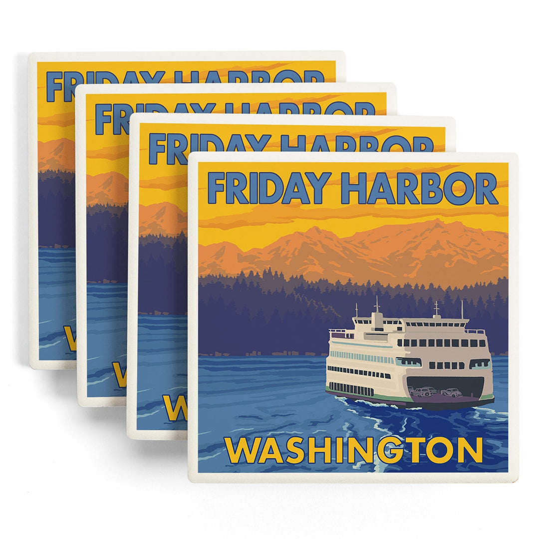 Ferry and Mountains, Friday Harbor, Washington, Coasters Coasters Lantern Press