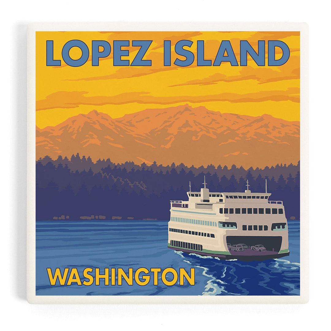 Ferry and Mountains, Lopez Island, Washington, Coasters Coasters Lantern Press