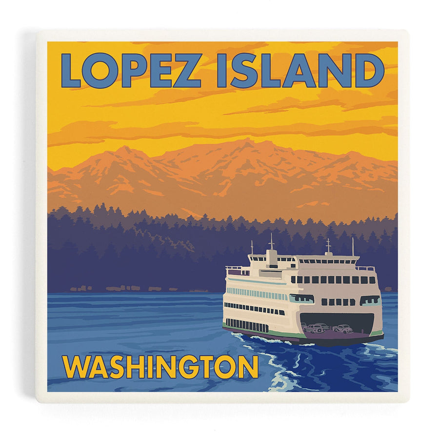 Ferry and Mountains, Lopez Island, Washington, Coasters Coasters Lantern Press