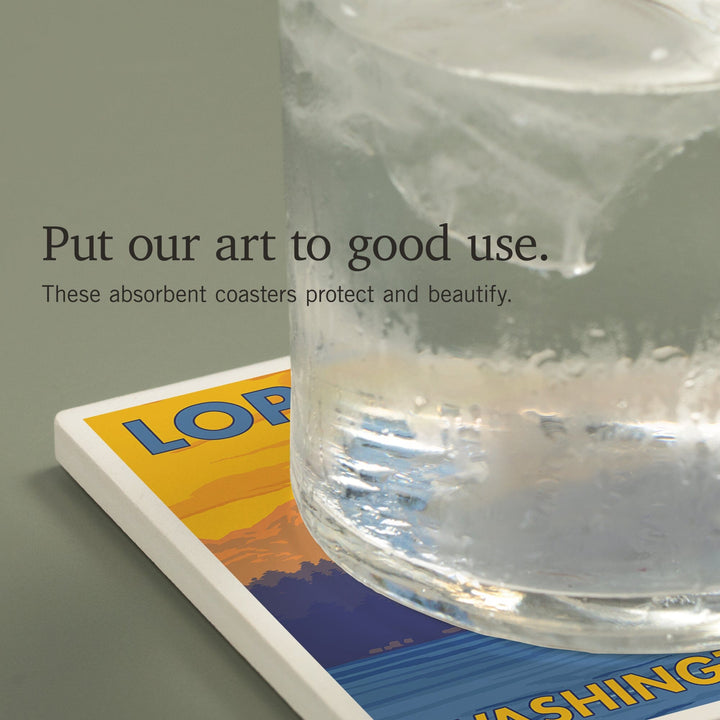 Ferry and Mountains, Lopez Island, Washington, Coasters Coasters Lantern Press