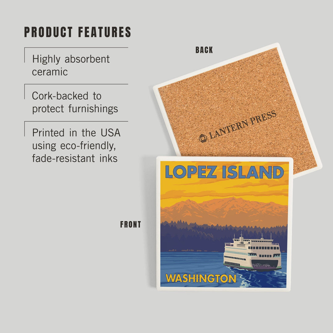 Ferry and Mountains, Lopez Island, Washington, Coasters Coasters Lantern Press
