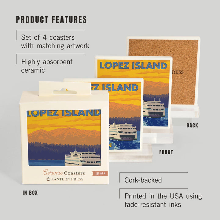Ferry and Mountains, Lopez Island, Washington, Coasters Coasters Lantern Press