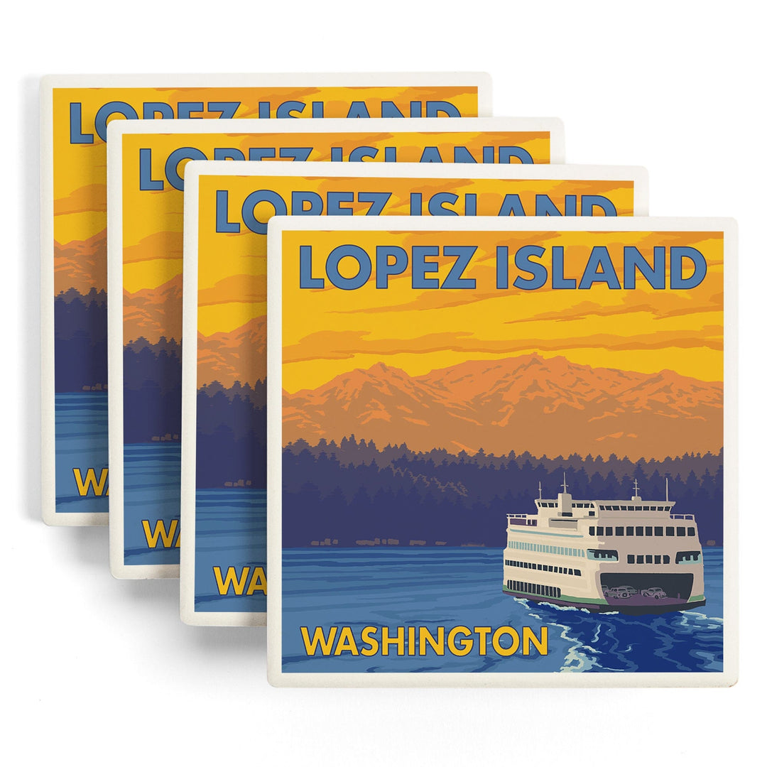 Ferry and Mountains, Lopez Island, Washington, Coasters Coasters Lantern Press