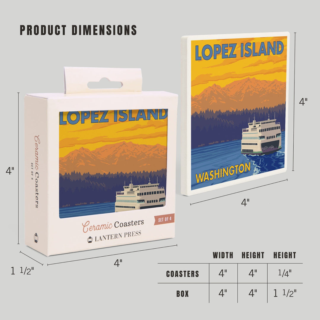 Ferry and Mountains, Lopez Island, Washington, Coasters Coasters Lantern Press
