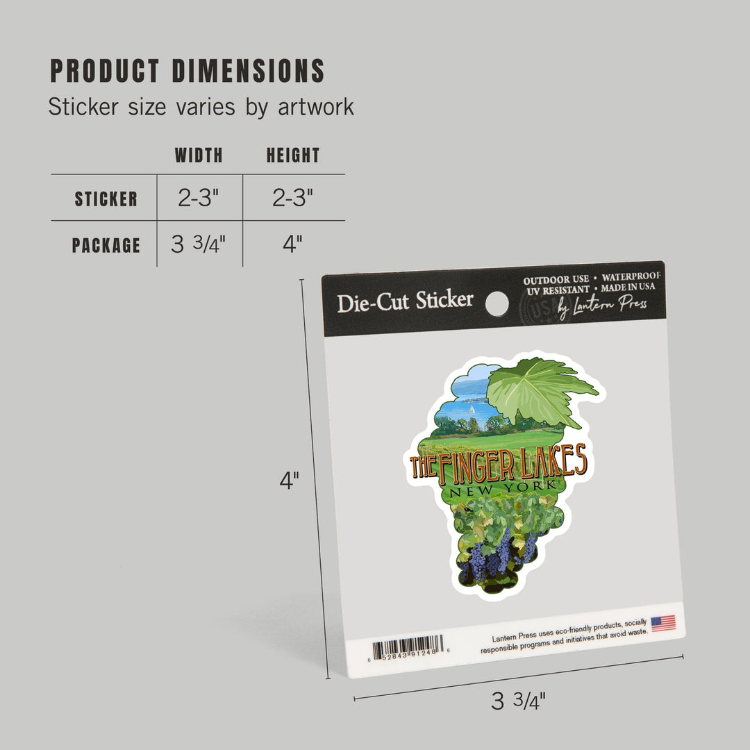 Finger Lakes, New York, Vineyard Scene, Contour, Lantern Press Artwork, Vinyl Sticker - Lantern Press